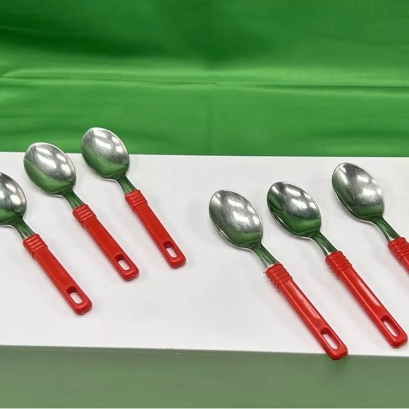 INOX 18/10  Lot Of 6 Expresso Spoons Demitasse Dessert  Red  Plastic Handle 5” - Picture 1 of 6